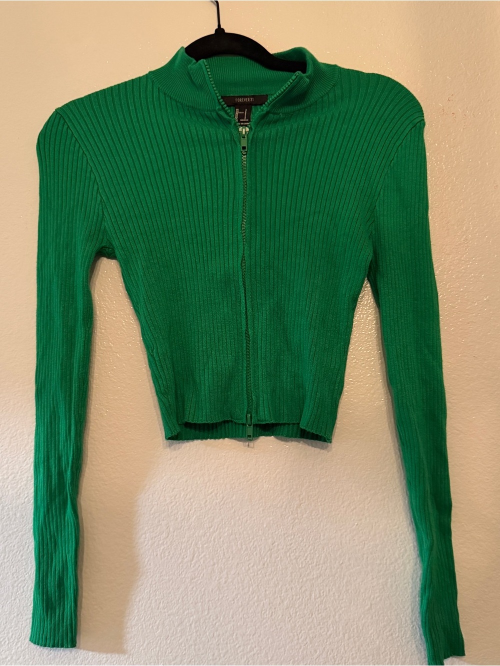 Forever 21 Emerald Green Ribbed Zip-Up Crop Sweater